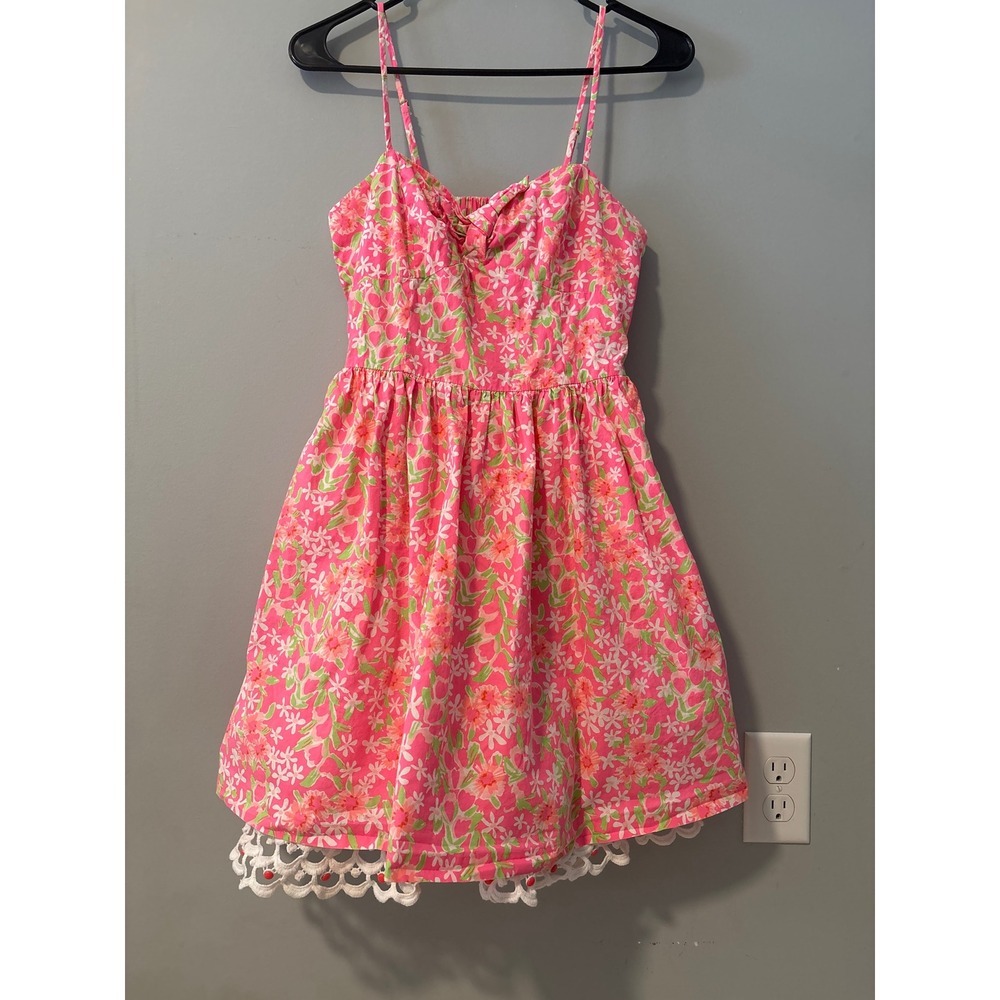 Lilly Pulitzer Pink Floral Sun Dress Eyelet Lace Hem Cutout Back Size 2‎